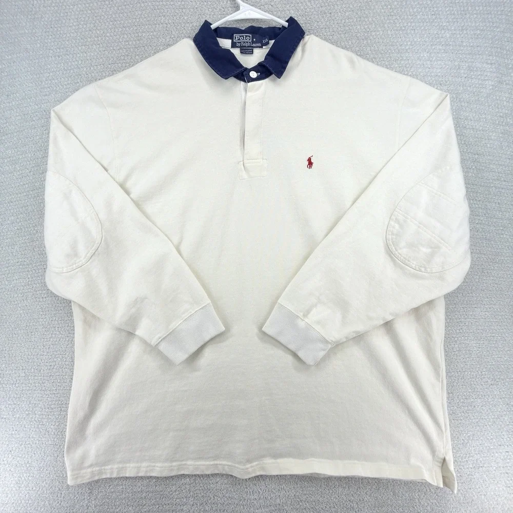 Vintage Polo Ralph Lauren Rugby Shirt Mens XXL Ivory Elbow Patch Y2K Pony